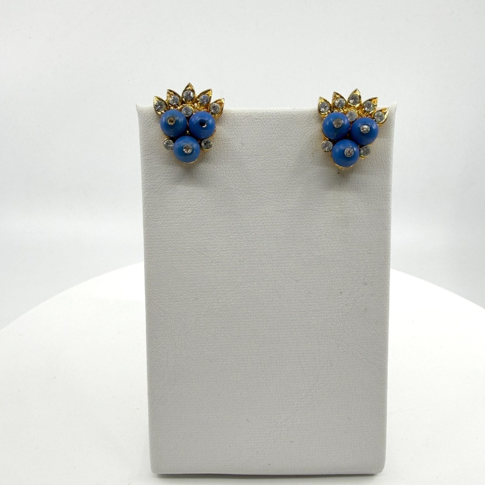 Vintage Inspired Blue Beaded Cluster Stud Earrings Gold Tone Statement Jewelry